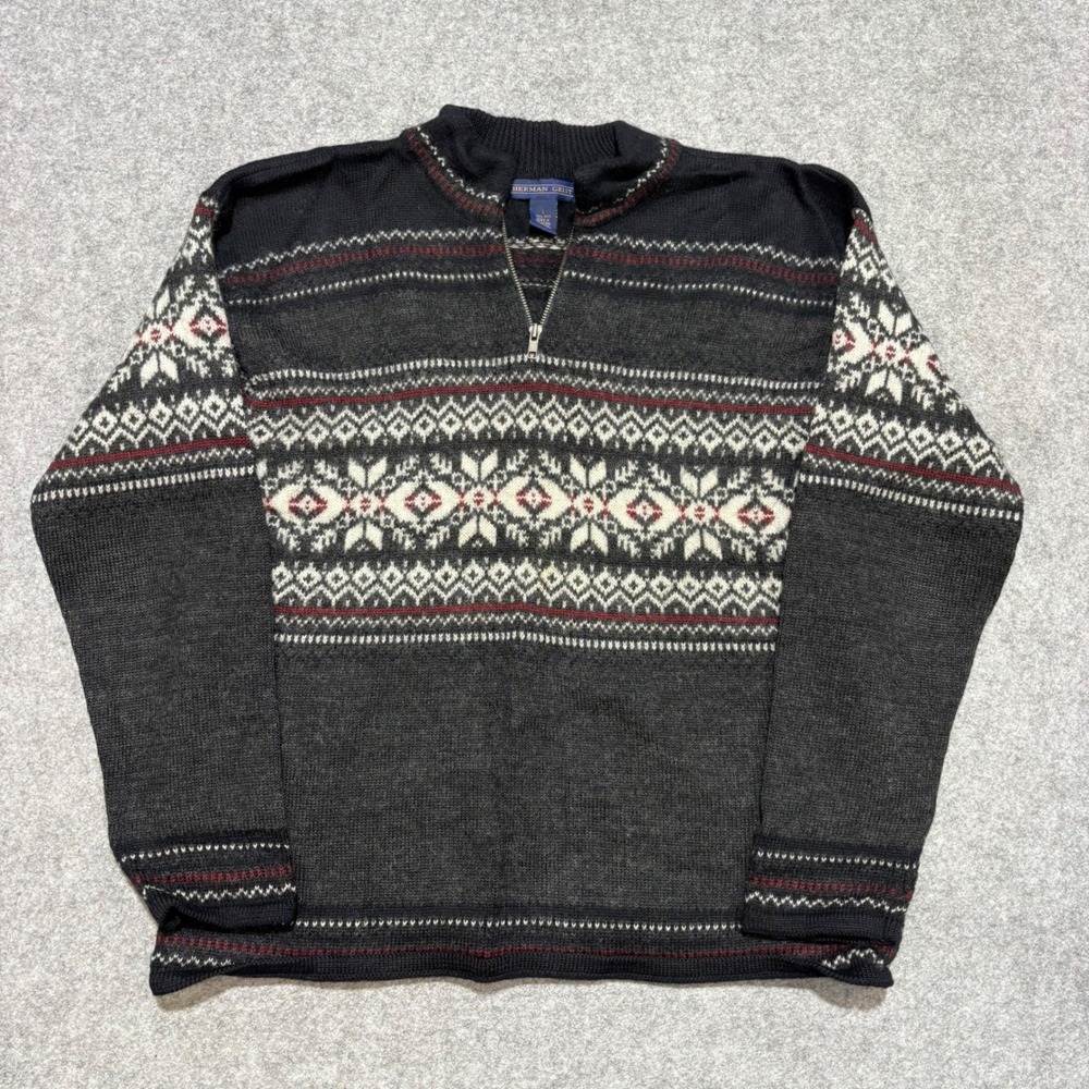 Herman Geist Vintage 100% Wool Fair Isle Quarter Zip Sweater Grey Red Large
